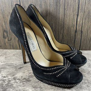 Jimmy Choo Stiletto Black Suede Crystal Pumps Heels Women’s Size 39.5 US 9.5